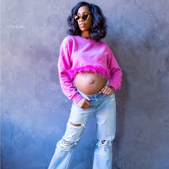 MIMI" sweater is long sleeves with faux feather trim. - Picture 2 of 4